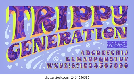 Trippy Generation, a retro 1960s hippie art alphabet design with a colorful palette and paper marbling effects.