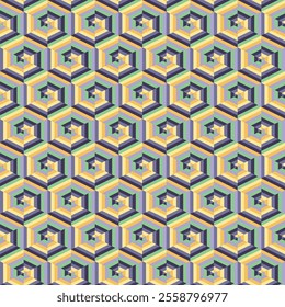 Trippy geometric seamless pattern of psychedelic hexagonal shapes. Abstract surface design of multicolor hexagon shapes.