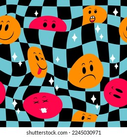 Trippy geometry pattern, smile faces. Abstract 90s crazy check, fun 60s or 70s acid squares. Trendy distorted surreal print. Decor textile, wrapping paper. Vector seamless current design