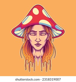 trippy girl magic mushroom head illustration for tshirt design, logo, or stickers