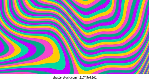 Trippy-glitzerner Hintergrund im Stil der psychedelischen 60er und 70er-Jahre-Partys mit hellsauren Regenbogenfarben und einem gewundenen geometrischen gewellten Muster.