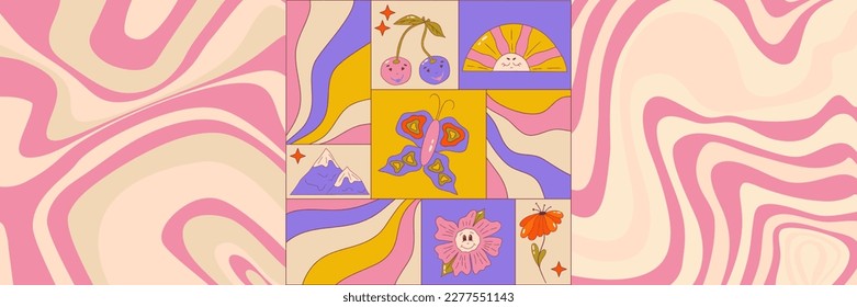 Trippy graphic poster set with retro groovy elements. Poster square with sun, butterfly, cherry and wave. Trippy groovy 70s graphic. Cartoon vector illutration