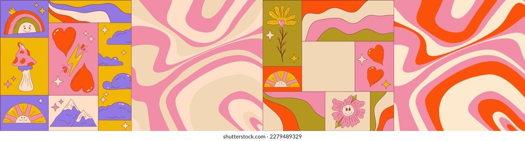 Trippy graphic poster set with retro groovy wave. Poster square with rainbow, flower, heart and wave. Trippy groovy 70s graphic. Cartoon vector illutration
