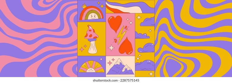 Trippy graphic poster set with retro groovy elements. Poster square with rainbow, heart, sun and wave. Trippy groovy 70s graphic. Cartoon vector illutration