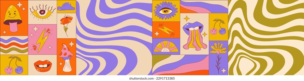 Trippy-Grafik-Poster-Set mit Retro-Groovy-Welle. Posterplatz mit Lippen, Blume, Auge und Wellen. Trippy groovy 70s Grafik. Cartoon-Vektorgrafik