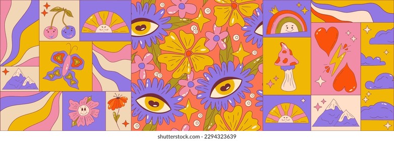 Trippy graphic poster set retro groovy flower and eye. Poster square with sun, rainbow and butterfly. Trippy groovy 70s graphic. Cartoon vector illutration. Seamless pattern with daisy, eye