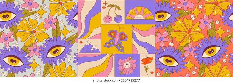Trippy graphic poster set retro groovy flower and eye. Poster square with sun, rainbow and butterfly. Trippy groovy 70s graphic. Cartoon vector illutration. Seamless pattern with daisy, eye