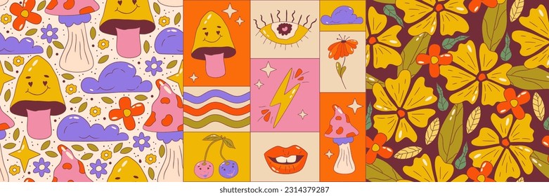 Trippy graphic poster set retro groovy flower and eye. Poster square with sun, mushroom and cloud. Trippy groovy 70s graphic. Cartoon vector illutration. Seamless pattern with daisy, eye
