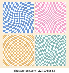 Trippy grid Groovy pattern set in pink, blue, yellow and green in the style of the 60s, 70s. Retro checkered psychedelic design for print, post, wallpaper, background, poster. Vector illustration.