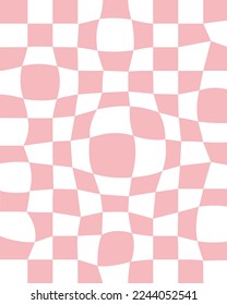 Trippy grid retro distorted chessboard background. Vintage groovy pink abstract geometric pattern for textile. Vector hippie 70s 80s style illustration for poster, flyer, greeting card, banner.