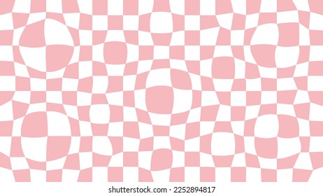 Fondo del tablero de ajedrez distorsionado de la rejilla trippy. Patrón geométrico abstracto de color rosa de groovía vintage para textiles. Ilustración de estilo vectorial hippie 70s 80s para afiches, volante, tarjeta de saludo, banner.