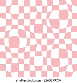 Trippy grid retro distorted chessboard background. Vintage groovy pink abstract geometric pattern for textile. Vector hippie 70s 80s style illustration for poster, flyer, greeting card, banner.