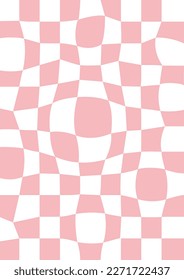 Trippy grid retro distorted chessboard background. Vintage groovy pink abstract geometric pattern for textile. Vector hippie 70s 80s style illustration for poster, flyer, greeting card, banner.