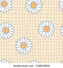 Trippy grid seamless pattern with daisy flowers in 1960 style. Childish characters print with happy emotions. Kids vector illustration for decor and design.
