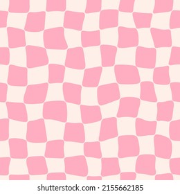 Trippy grid seamless pattern. Groovy distorted chessboard background. Textile design with pink check. Retro style 60s 70s. Vector illustration