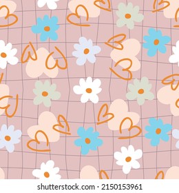 Trippy grid seamless pattern with hearts and daisy flowers. Floral checkered print for fabric, paper, T-shirt. Romantic hippie aesthetic vector illustration for decor and design.



