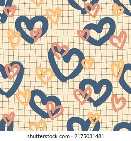 Trippy grid seamless pattern with hearts on checkered background. Groovy print for T-shirt, paper, fabric and stationery. Hand drawn vector illustration for decor and design.