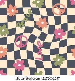 Trippy grid seamless pattern with symbol of peace and flowers. Hippie aesthetic background for T-shirt, textile and print. Groovy vector illustration for decor and design.


