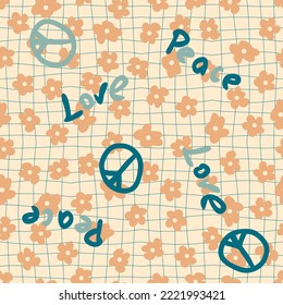 Trippy grid seamless pattern with symbol of peace and flowers. Retro print for tee, textile and fabric. Hand drawn vector illustration for decor and design.



