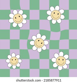 Trippy grid and wavy swirl seamless pattern with smile faces flowers. Vector illustration. Seventies Style, groovy wallpaper. Flat design, hippie aesthetic.
