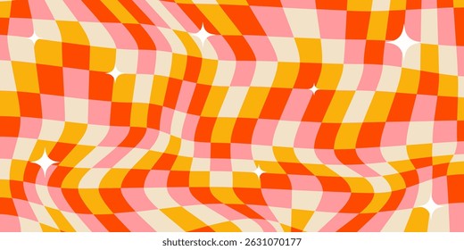 Trippy groovy checker vector background. Retro wavy abstract checkerboard backdrop. Curved distorted check geometric pattern. Pink, red, yellow and beige colors.