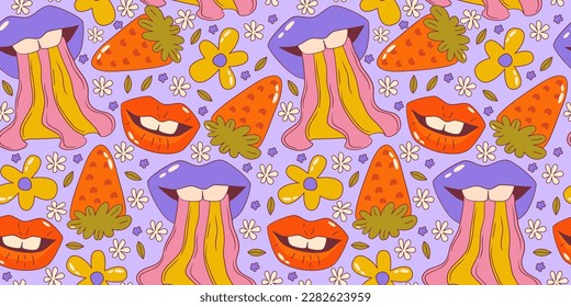 Trippy groovy Blume naht Muster. Retro Groovy Blumenmuster mit Lippen und Erdbeere. Psychedelisches Cartoon-Design. Sommer nahtloser Hintergrund. Vektorgrafik