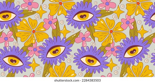Trippy groovy flower seamles pattern. Retro groovy floral pattern with daisy and eye. Psychedelic cartoon design. Summer seamless background. Vector illustration