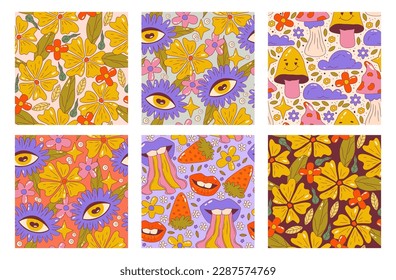 Trippy groovy flower seamles pattern set. Retro groovy floral pattern with daisy, eye, mushroom and cloud. Psychedelic cartoon design. Summer seamless background. Vector illustration
