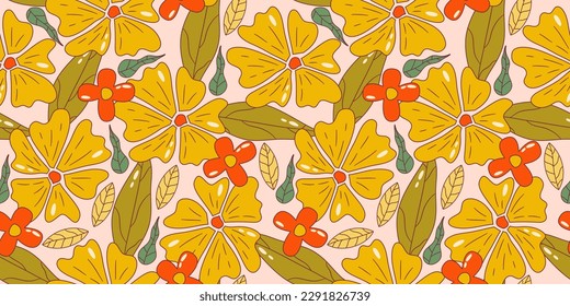 Trippy groovy flower seamles pattern. Retro groovy floral pattern with daisy and leaf. Psychedelic cartoon design. Summer seamless background. Vector illustration