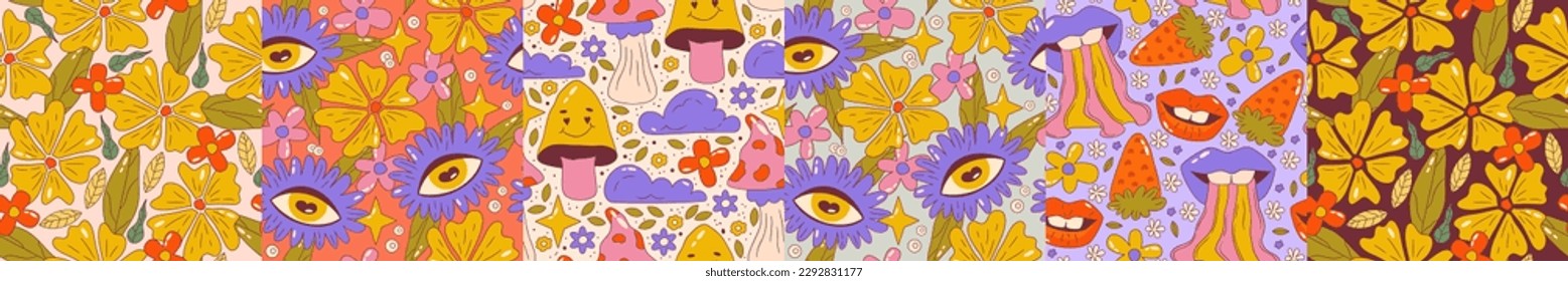 Trippy groovy flower seamles pattern set. Retro groovy floral pattern with daisy, eye, mushroom and cloud. Psychedelic cartoon design. Summer seamless background. Vector illustration.