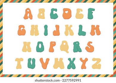 Trippy groovy font clipart in vector for poster. Music rave cartoon isolated text. Vintage psychedelic letter doodle with rainbow frame. Disco sixties groove slogan with swirl.