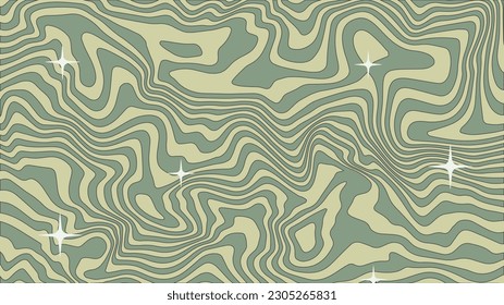 Trippy groovy hippie background. Abstract retro psychedelic style backdrop. Pastel green waves, swirl, twirl and stars or sparkles pattern. Y2k aesthetic design. Twisted distorted vector texture