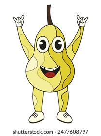 Trippy Groovy Pear Character isolated white background. Summer fruit in modern abstract Hand Drawn style. Vector illustration can used logo organic fruit. Editable stroke.