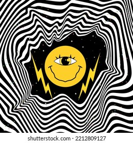 Trippy Happy Face In The Space. Stars, Happiness, Planets, And High Art. One Trippy Eye Free Vector