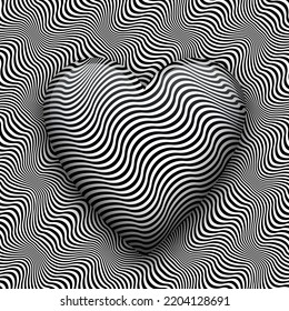 Trippy Heart Shape On Wavy Patterned Surface. Vector Black White Optical Art Illustration.