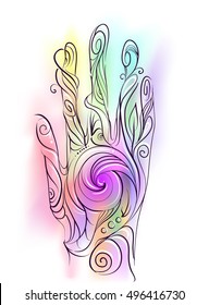 Trippy Illustration of a Hand Decorated with Colorful Swirls Demonstrating the Flow of Energy in the Human Body