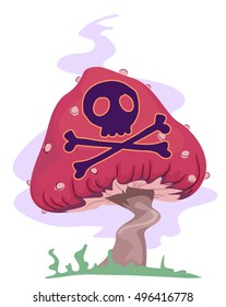 Trippy Illustration of a Poisonous Mushroom with the Skulls and Crossbones Logo Painted on it