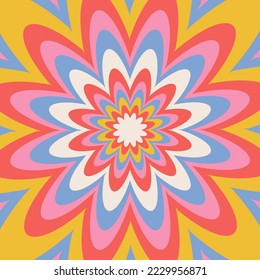 Trippy Infinite Flower optical illusion background design in bright groovy colors. Contour vector illustration.