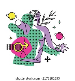 Trippy Male Character, Greek Ancient Statue With Planet And Surreal Elements. Vector Linear Illustration In Trendy Psychedelic Weird Y2k Style.