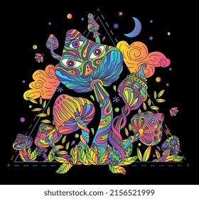 Composición trippy de hongos con fondo oscuro y hojas de color neón con línea triangular y hongos translúcidos ilustración vectorial