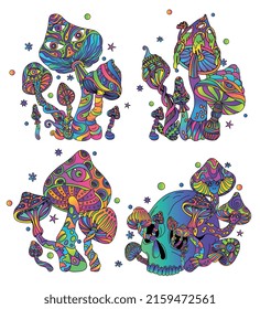 Psychedelische Kompositionen von Trippy-Pilzen, einzeln auf Bildern von Farbverlauf-Pilzhaufen mit Sternchen-Teilchen, Vektorgrafik