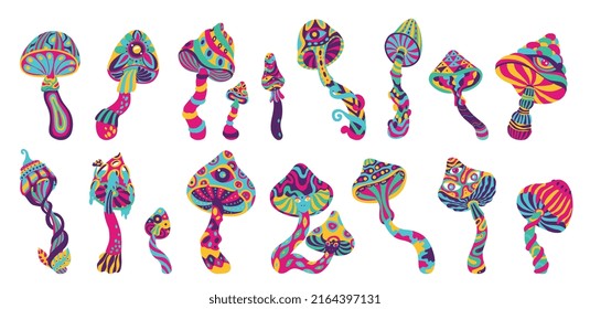 Trippy mushroom set with isolated hand drawn style mushrooms of different shape and psychedelic color surface vector illustration