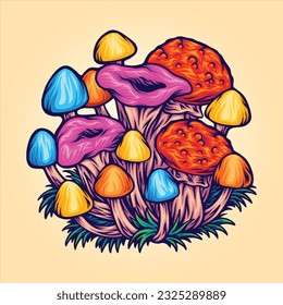 Trippy mushrooms botanical garden cultivation vector illustrations for your work logo, merchandise t-shirt, stickers and label designs, poster, greeting cards advertising business company or brands