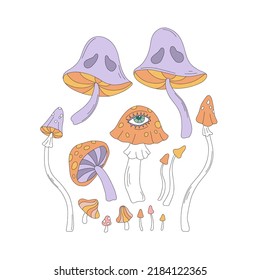 Trippy Mushrooms Fly agaric Toadstool vector illustration set isolated on white. Hippie Halloween Retro 60s 70s Boho Groovy poisonous mushroom print collection.