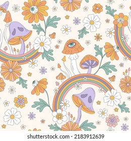 Trippy Mushrooms Rainbow eyed flowers groovy vector seamless pattern. Retro 60s 70s boho mystic garden florals toadstools background. Hippie Halloween surface design.