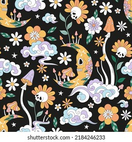 Trippy Mushrooms Scull Crescent Flowers groovy vector seamless pattern. Retro 60s 70s boho mystic night floral background. Hippie Halloween surface design.