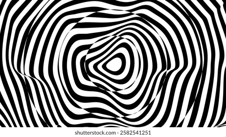 Trippy Optical Illusion Lines Circle. Circular Op Art Element. Isolated Checkered Circle Shape. Geometric Black White Striped Round Lines Illusion Effect. Vector Illustration.