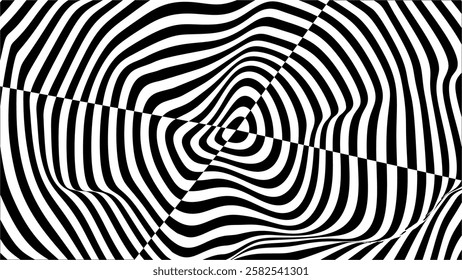 Trippy Optical Illusion Lines Circle. Circular Op Art Element. Isolated Checkered Circle Shape. Geometric Black White Striped Round Lines Illusion Effect. Vector Illustration.