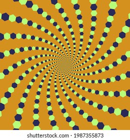 Trippy optical illusion vector background. Green blue orange spiral hexagons pattern.