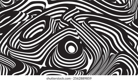 Trippy organic shape Waves Ripple Pattern black and white retro wave pattern reminding optical illusions